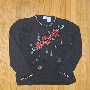 Holiday Editions Vintage Black Ugly Christmas Sweater Poinsettia Rhinestone L